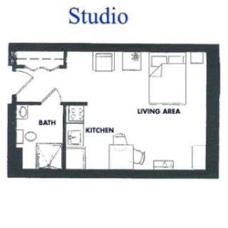 Floor plan of a studio apartment showing the layout of living area, kitchen, and bathroom.