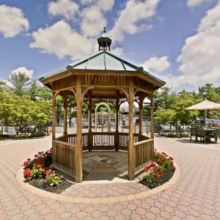 A wooden gazebo surrounded by flowers in a park setting on a sunny day.