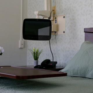 A hospital room with a bed, wall-mounted TV, telephone, and small table with a plant.