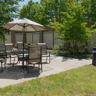 A sunny outdoor patio area featuring a table with an umbrella and chairs, surrounded by a garden with trees.