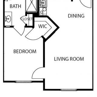 A floor plan of a one-bedroom apartment, featuring a living room, dining area, kitchen, bathroom, and walk-in closet.