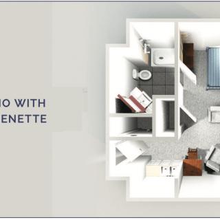Studio apartment with kitchenette floor plan.