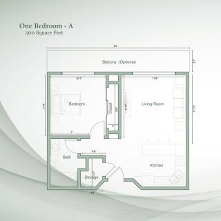 A one-bedroom apartment floor plan with a balcony and designated living, dining, kitchen, and bathroom areas.