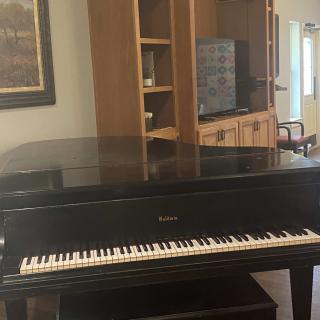 A black grand piano situated in a living room setting.
