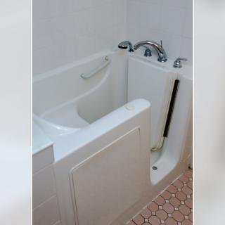 A walk-in bathtub with safety features designed for accessibility.