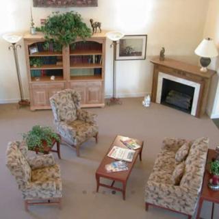 A well-furnished living room with a sofa, chairs, coffee table, bookshelf, and fireplace.