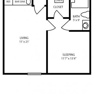 A simple floor plan of a one-bedroom apartment with living area and bathroom.
