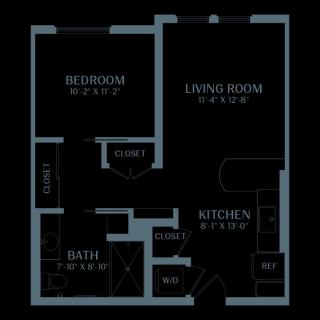 A floor plan of a one-bedroom apartment featuring a living room, kitchen, and bathroom.