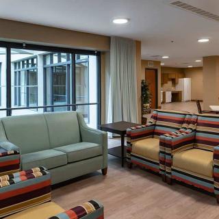 A modern living room with a mix of striped and solid-colored furniture, featuring large windows and contemporary decor.