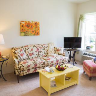 A cozy living room with a floral-patterned sofa, a yellow coffee table, and a television near the window.