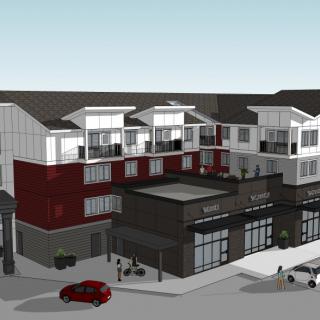 A modern apartment complex featuring retail spaces on the ground floor.