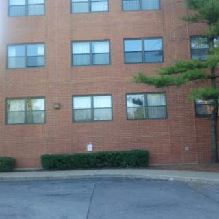 A brick building featuring multiple windows, surrounded by greenery and pavement.