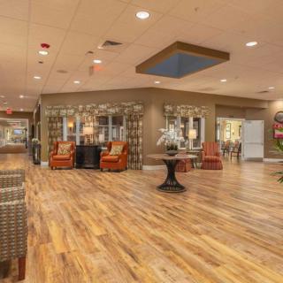 A spacious lobby area with comfortable seating and elegant decor.
