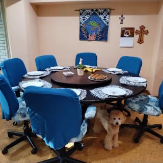 A cozy dining setup with blue chairs, a round table, and a friendly dog peeking out.