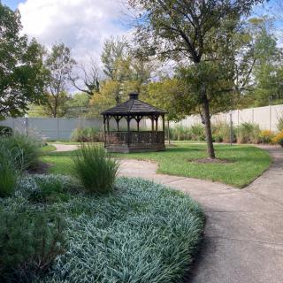 A serene garden with a central gazebo surrounded by lush greenery and winding pathways.