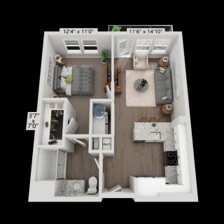 A 3D floor plan of a one-bedroom apartment featuring a living room, kitchen, bathroom, and bedroom.