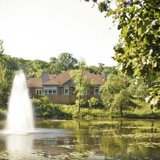 A serene landscape featuring a house by a pond with a fountain and surrounded by lush trees.