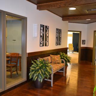 A well-lit office hallway featuring a waiting area with plants and artwork on the walls.