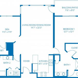 Floor plan of an apartment showing room dimensions and layout.