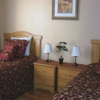 A cozy bedroom with twin beds and wooden furnishings, featuring decorative pillows, lamps, a small plant, and wall art.