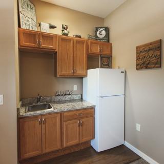 A compact kitchen area featuring wooden cabinets, a refrigerator, and a small sink with a countertop.