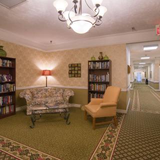 A cozy hallway with bookshelves, a sofa, and an armchair under a chandelier.