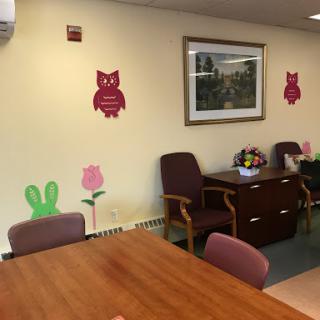 A cozy dining area featuring playful wall decorations of owls, flowers, and greenery.