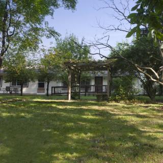 A peaceful house surrounded by trees and a lush garden on a sunny day.