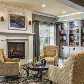 A cozy living room with a fireplace and bookshelves.