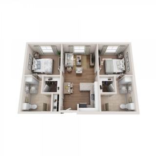 A 3D floor plan of a modern apartment featuring two bedrooms, bathrooms, and an open living area.
