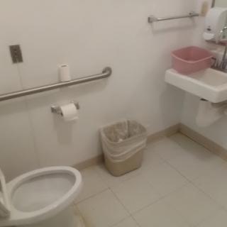 A clean and accessible bathroom featuring a toilet, sink, and necessary support bars.
