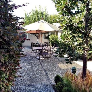 A serene garden patio with outdoor furniture and an umbrella, surrounded by lush greenery.