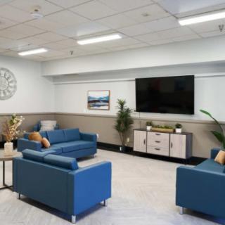 A modern lounge area featuring blue sofas, a large wall-mounted television, and indoor plants.