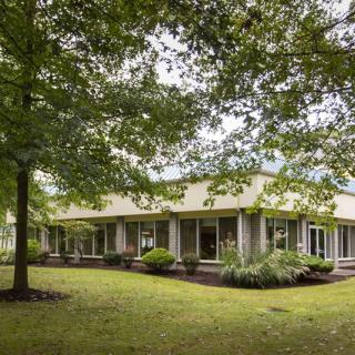 A modern house surrounded by lush greenery and a well-maintained lawn.