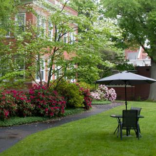 A peaceful garden setting with chairs and an umbrella among lush greenery and blooming flowers.