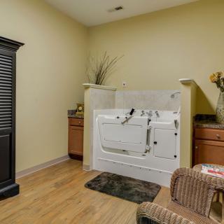 A cozy bathroom featuring a walk-in bathtub with wooden flooring and cabinets for storage.