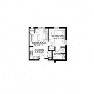 A floor plan of a one-bedroom apartment including a living room, kitchen, and bathroom.