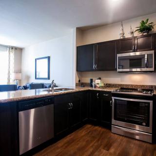 A modern kitchen with stainless steel appliances and dark cabinets.