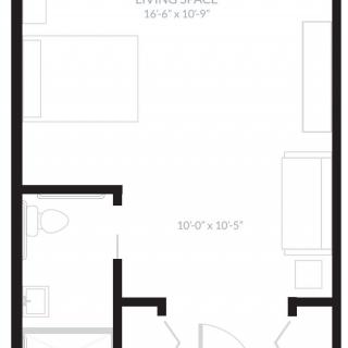 Studio apartment floor plan with a central living space and a small bathroom.