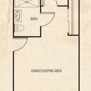 Floor plan of a studio apartment with a bathroom and living/sleeping area.