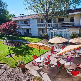 A sunny patio area with tables and umbrellas, surrounded by a landscaped garden and a two-story building in the background.