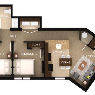 A detailed floor plan of a two-bedroom apartment with labeled rooms.