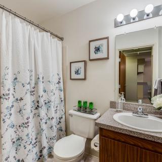 A cozy bathroom with floral decor and modern fixtures.