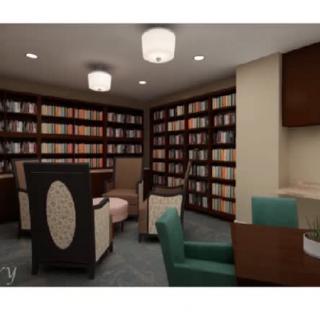 A cozy library room with bookshelves and comfortable seating for reading.