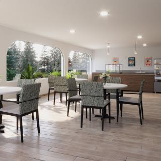 A modern dining area with tables, chairs, and plants, illuminated by natural light.