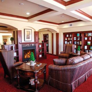 A cozy living room with a fireplace, surrounded by comfortable furniture and bookshelves.