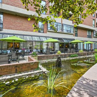 An inviting outdoor patio area with green umbrellas and a serene water feature in an urban setting.