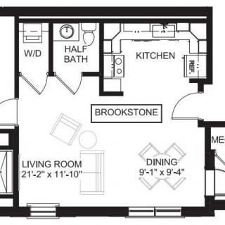 A floor plan of an apartment showing the layout of rooms including a living room, half bath, kitchen, dining area, and a washer/dryer space.