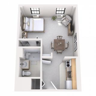 A 3D floor plan of a one-bedroom apartment including a living room, kitchen, and bathroom.