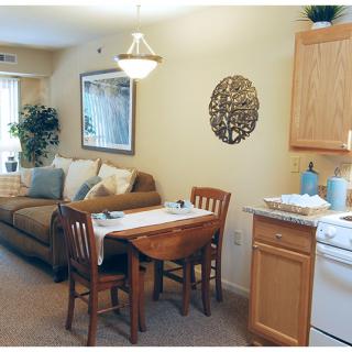 A cozy apartment with a combined living and dining area, featuring a sofa, dining table, chairs, and kitchen space.